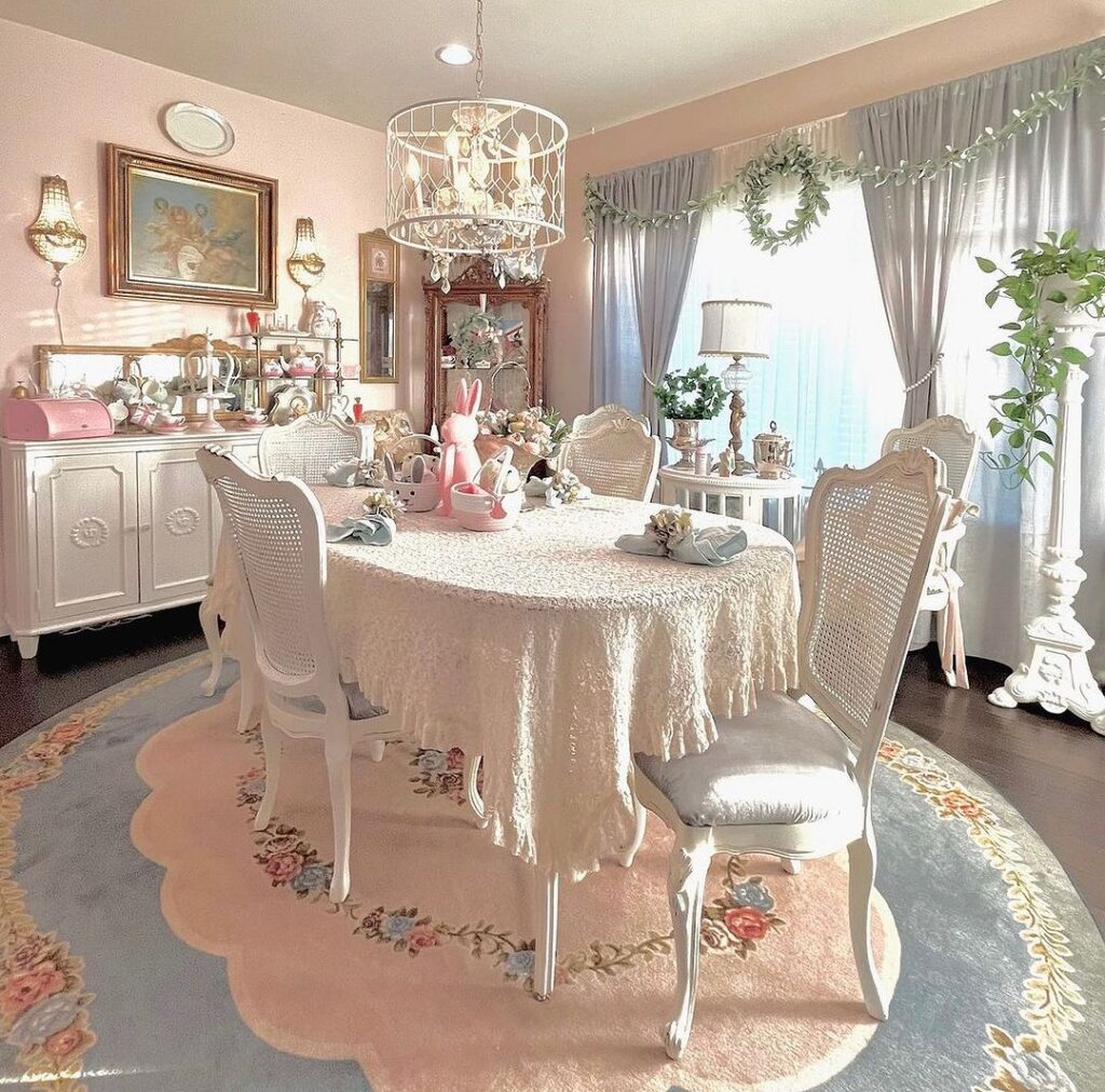 Pastel cottage dining room with Christmas decor