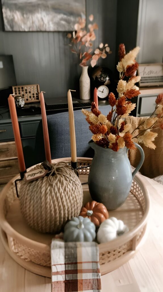 Fall kitchen island, pumpkins, candles, dried flowers