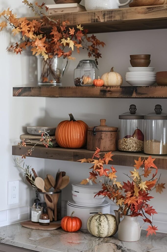 Kitchen shelves, pumpkins, fall leaves, rustic decor