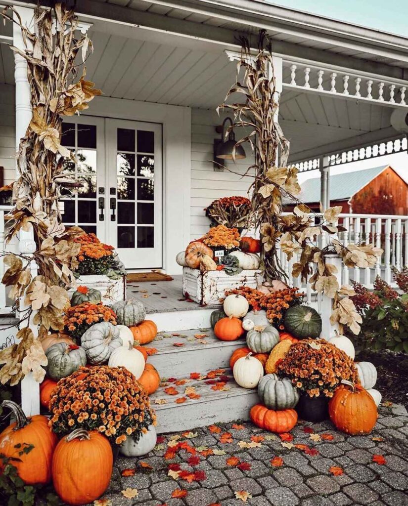 Pumpkin-filled porch, mums, corn stalks, farmhouse