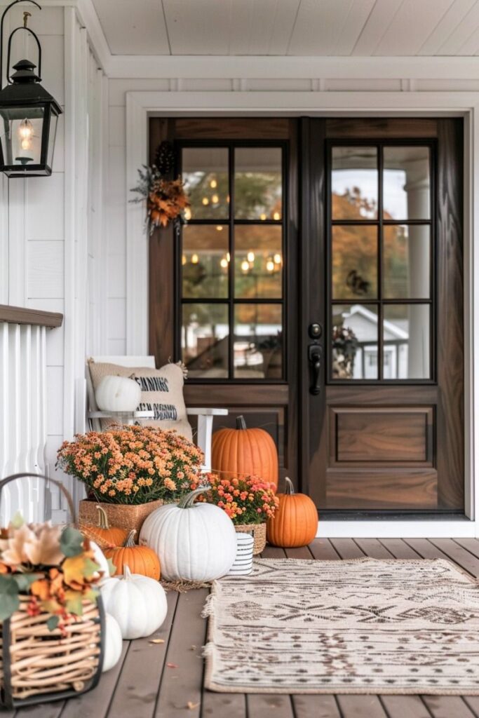 Fall porch, pumpkins, mums, cozy