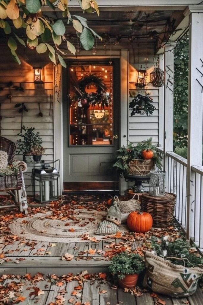 Cozy porch, fall leaves, pumpkins, wreath