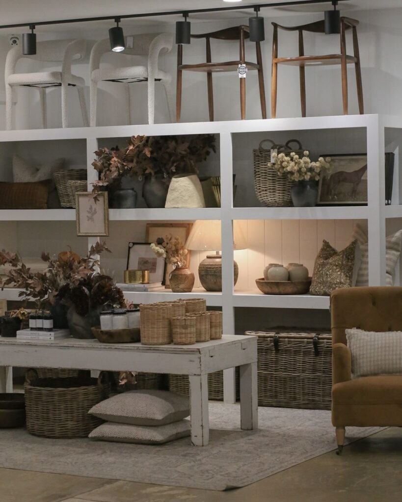 Shelves with fall decor and baskets