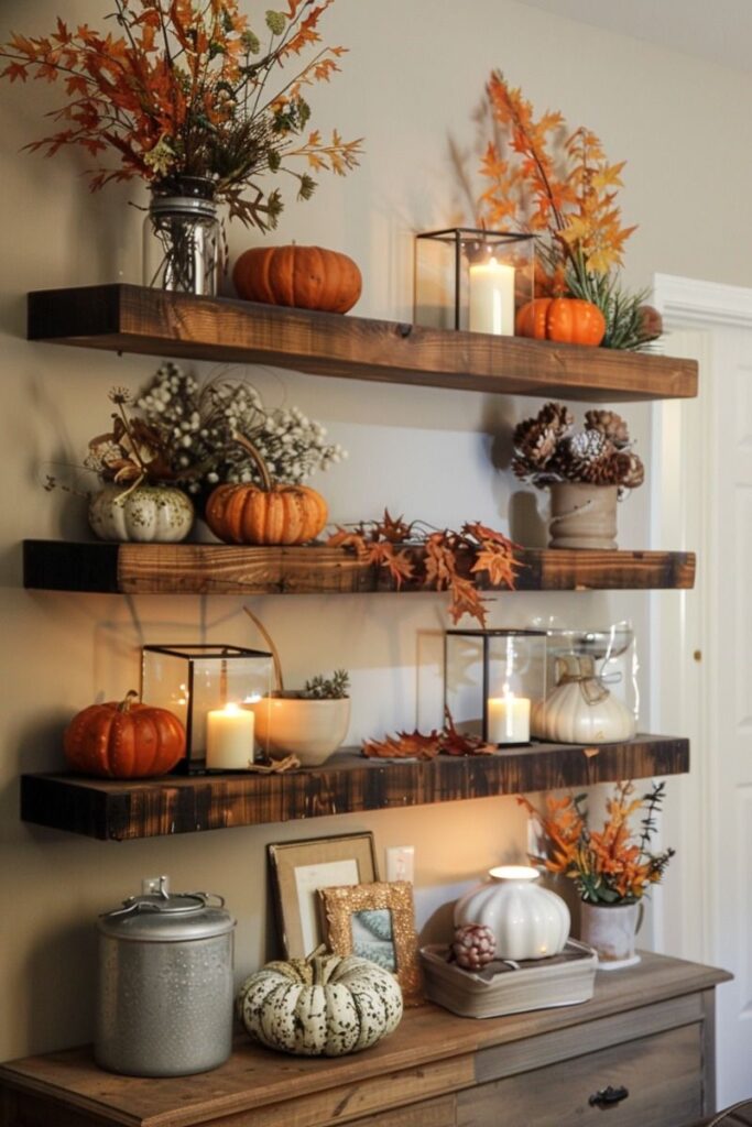 Wooden shelves, pumpkins, autumn leaves, candles