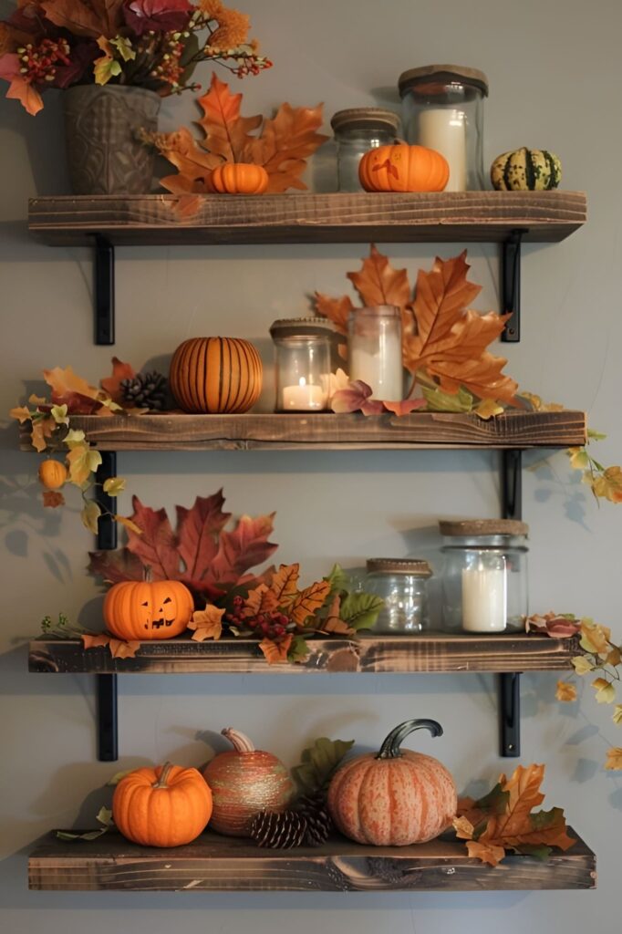 Wooden shelves with pumpkins, leaves, candles