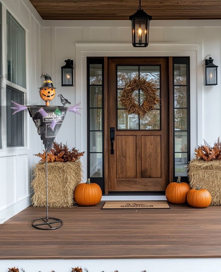 Porch with scarecrow, pumpkins, autumn decor