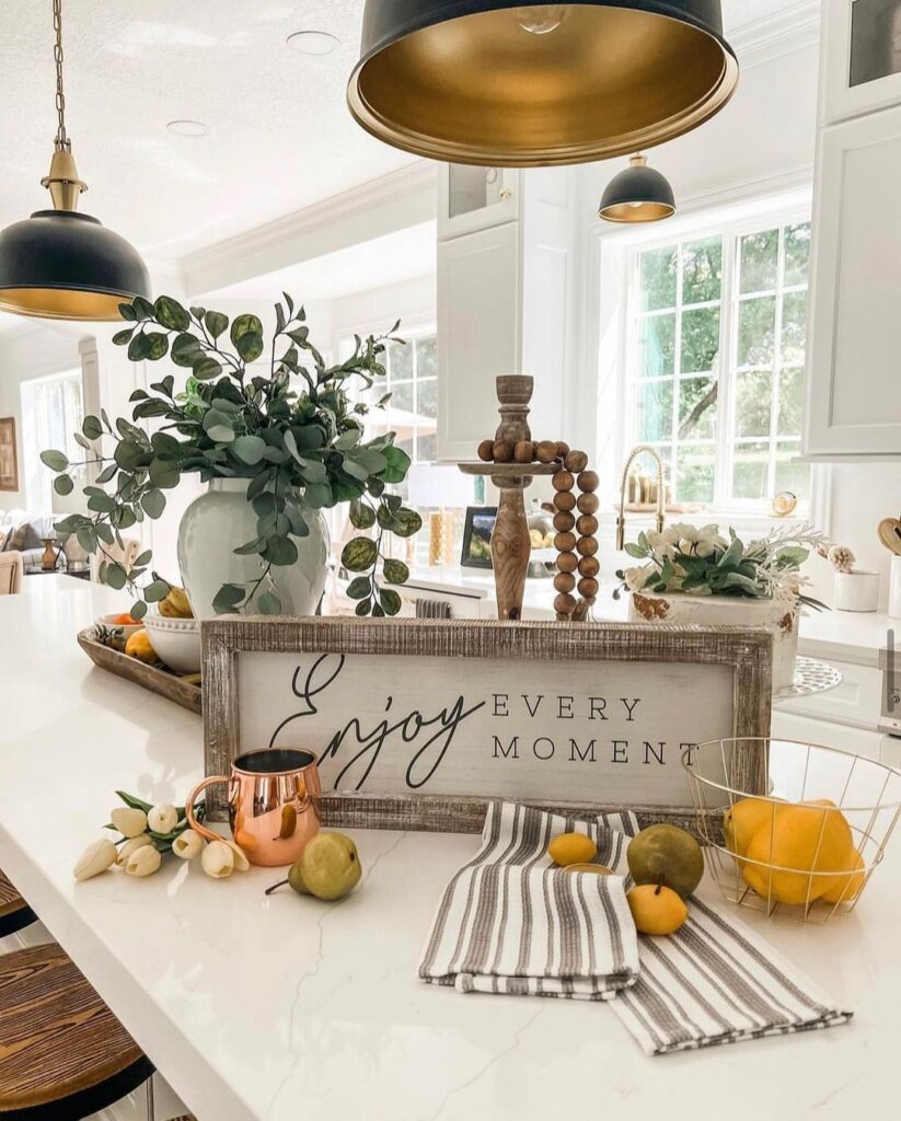 Rustic fall decor on white kitchen island