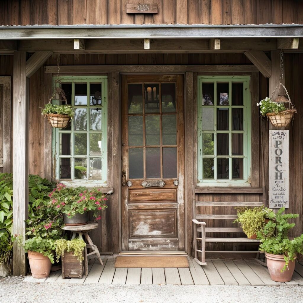 Rustic wooden porch with flowers and rocking chair