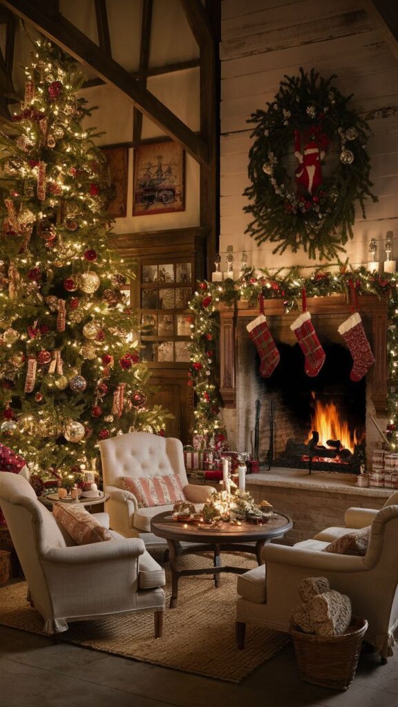 Cozy Christmas living room with fireplace