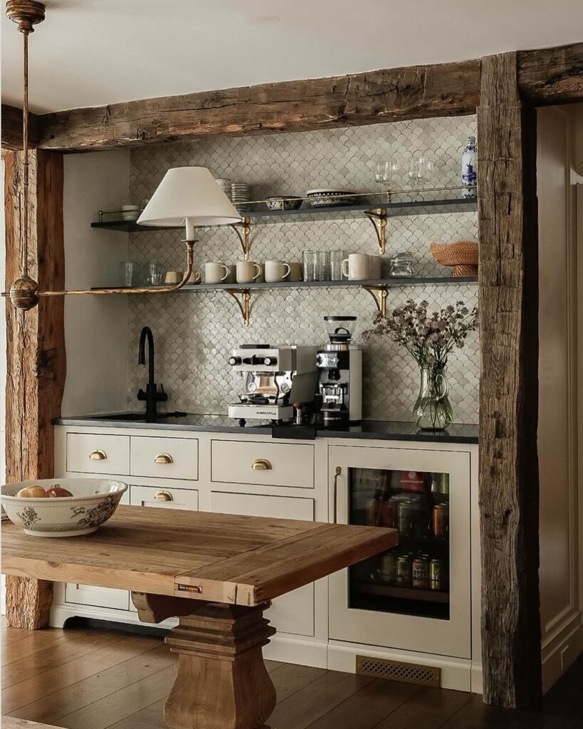 Rustic coffee nook, wooden beams, open shelving