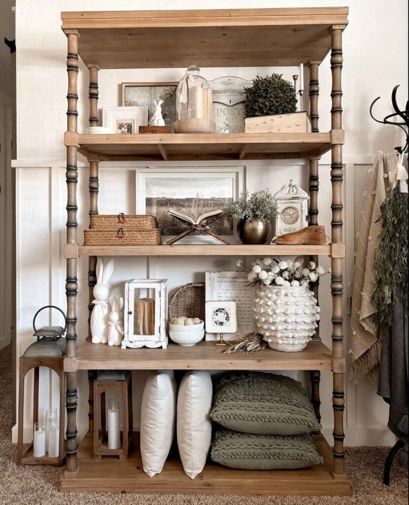 Farmhouse-style shelving unit, rustic decor, neutral tones