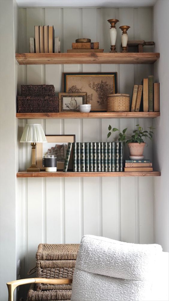 Wooden shelves, vintage books, rustic decor, cozy nook