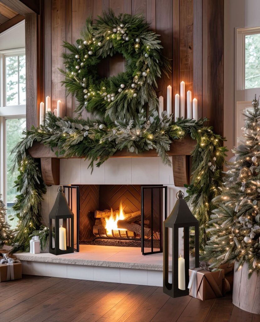 Fireplace with wreath, garlands, and glowing fire.