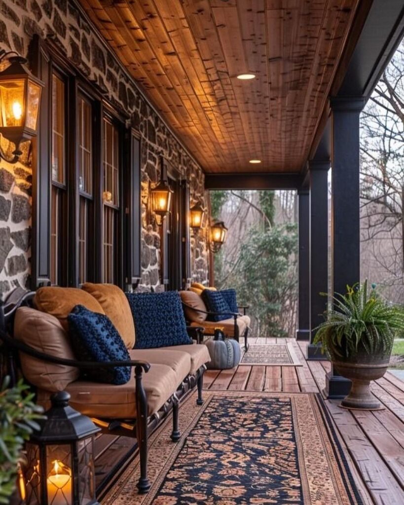 Cozy stone porch with wooden ceiling and seating