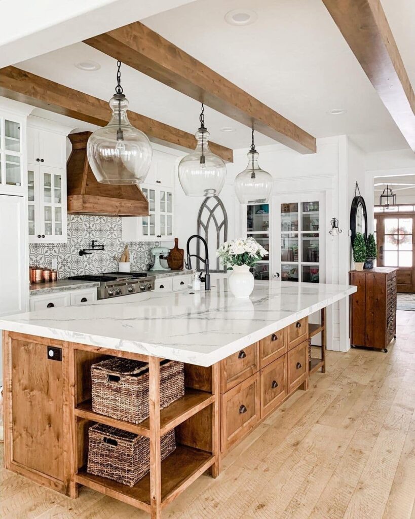 Rustic kitchen, marble island, wooden beams