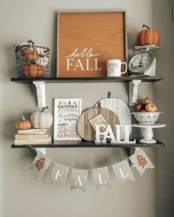 Autumn shelves, pumpkins, fall signs, rustic decor