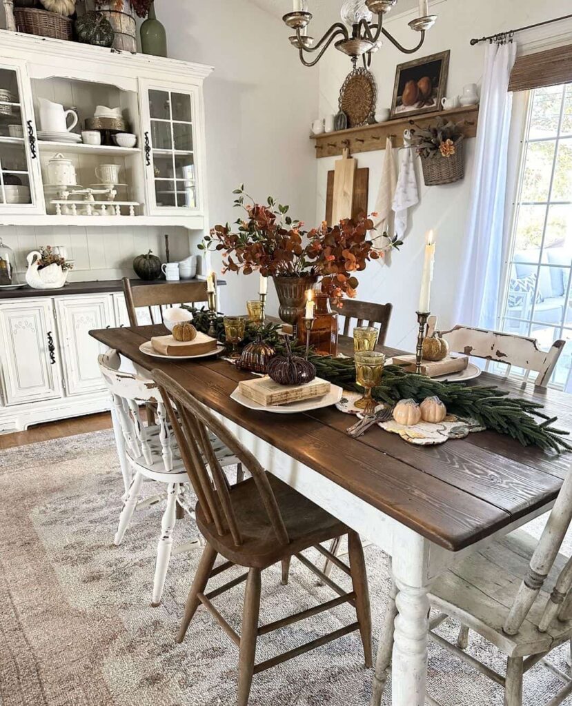 Farmhouse table, fall centerpiece, white hutch