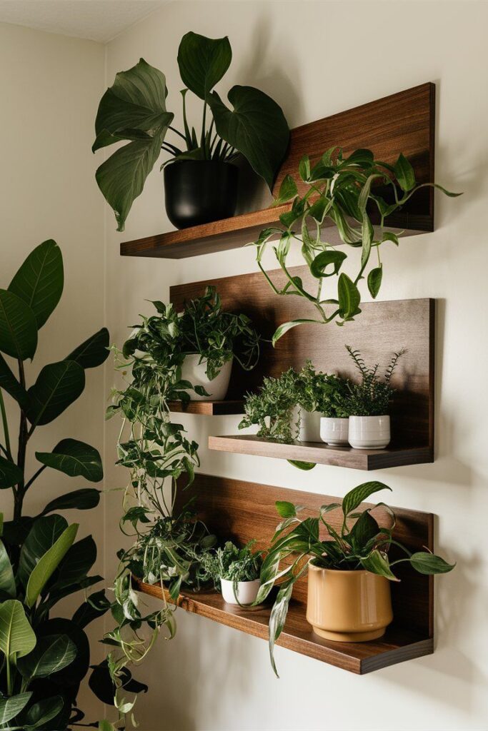 Wooden shelves displaying diverse indoor plants