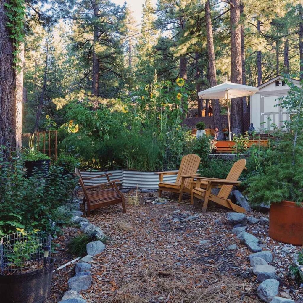 Forest garden, raised beds, rustic seating