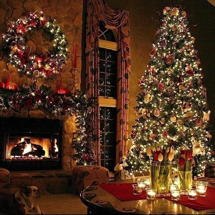 Christmas tree fireplace and wreath with twinkling lights