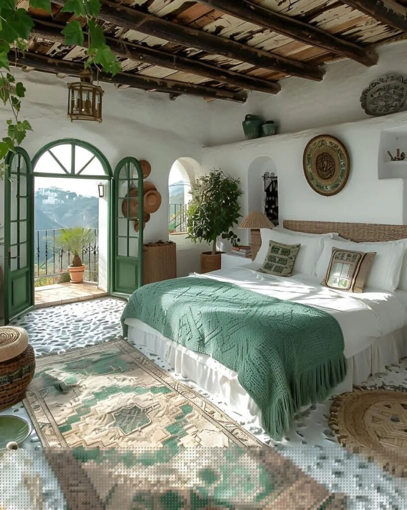 Mediterranean bedroom, green accents, rustic ceiling