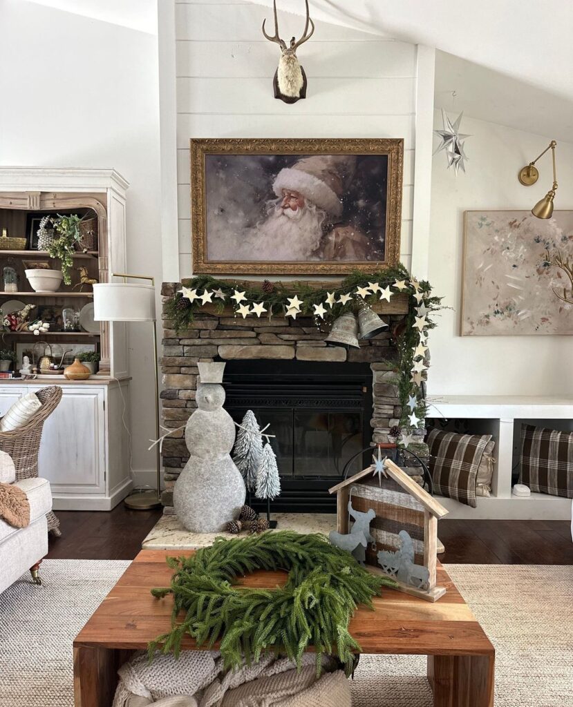 Santa portrait, stone fireplace, star garland, rustic decor