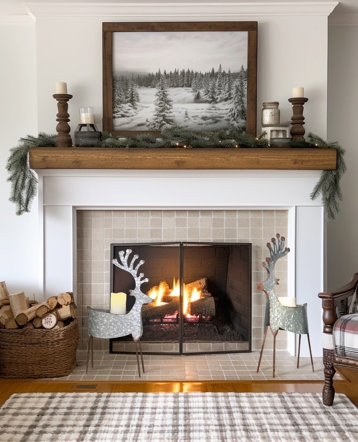 Rustic fireplace with winter print and reindeer decorations.