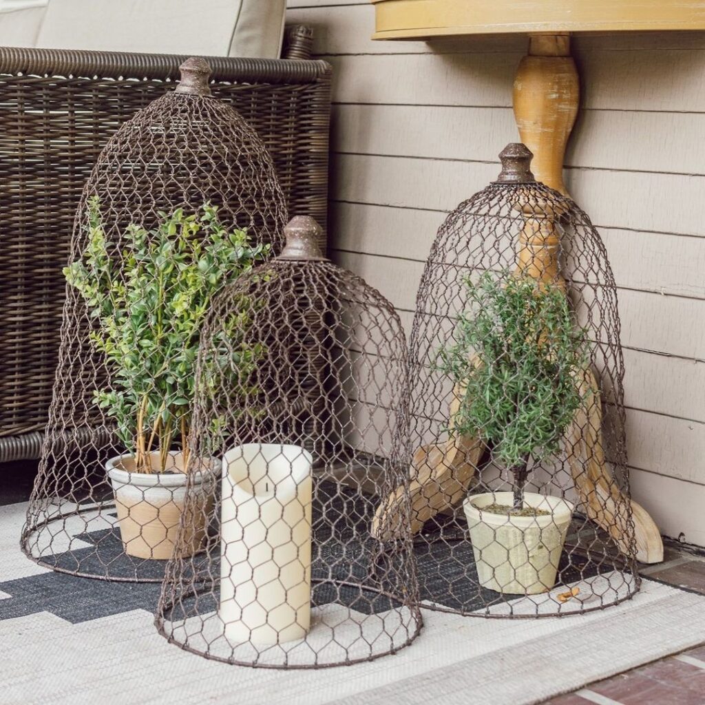 Wire cloches covering plants and candles outdoors