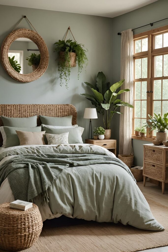 Sage green boho bedroom, plants, natural textures