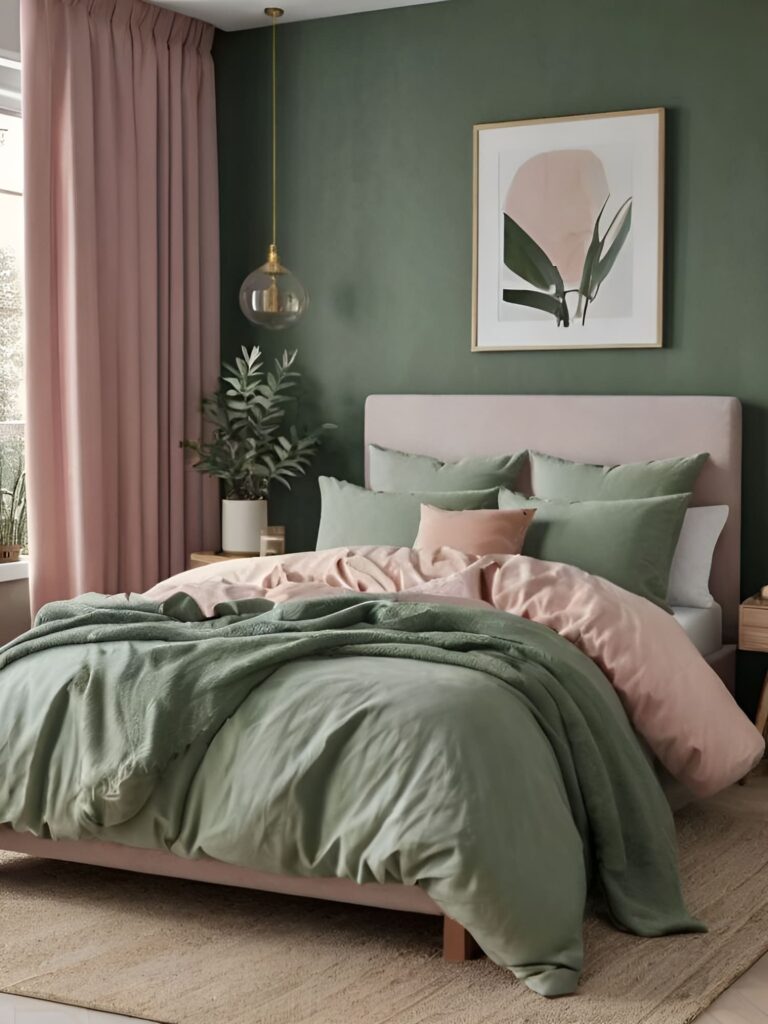 Green-pink bedroom, botanical accents, serene ambiance