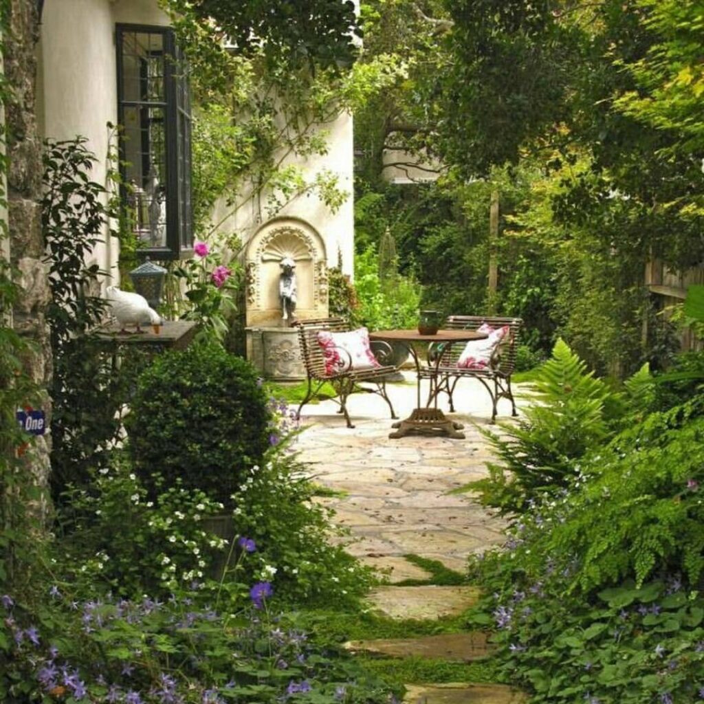 Secluded garden path, lush greenery, cozy patio