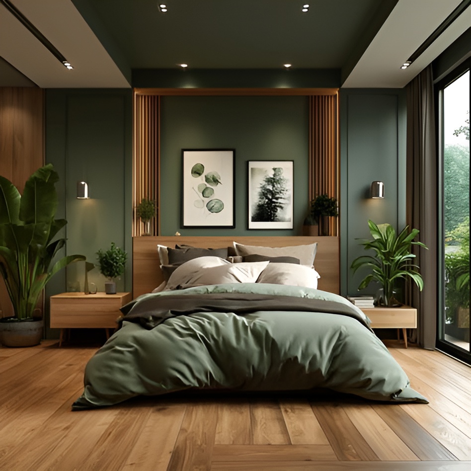 Green forest-themed bedroom, wooden accents, natural light