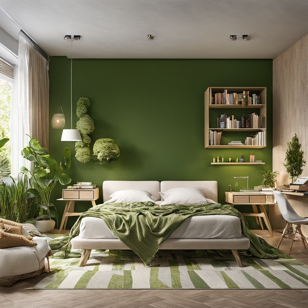 Green accent wall, natural wood furniture, abundant plants