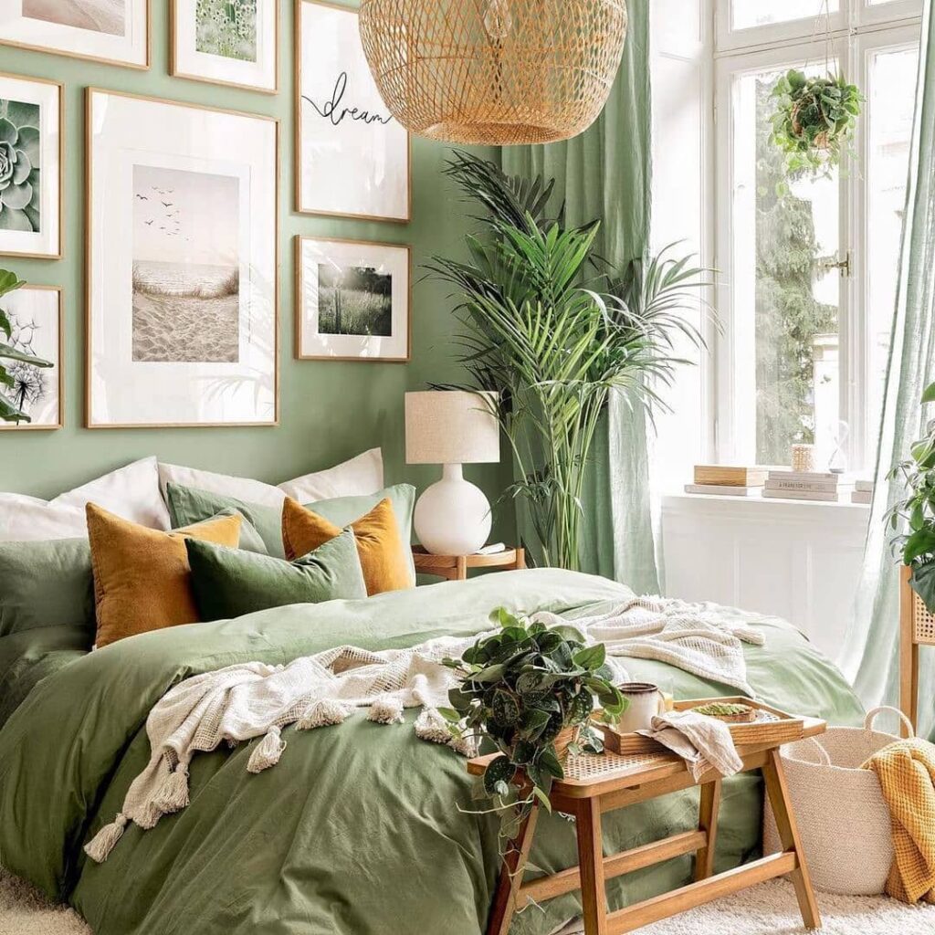 Green bedroom with plants and nature artwork