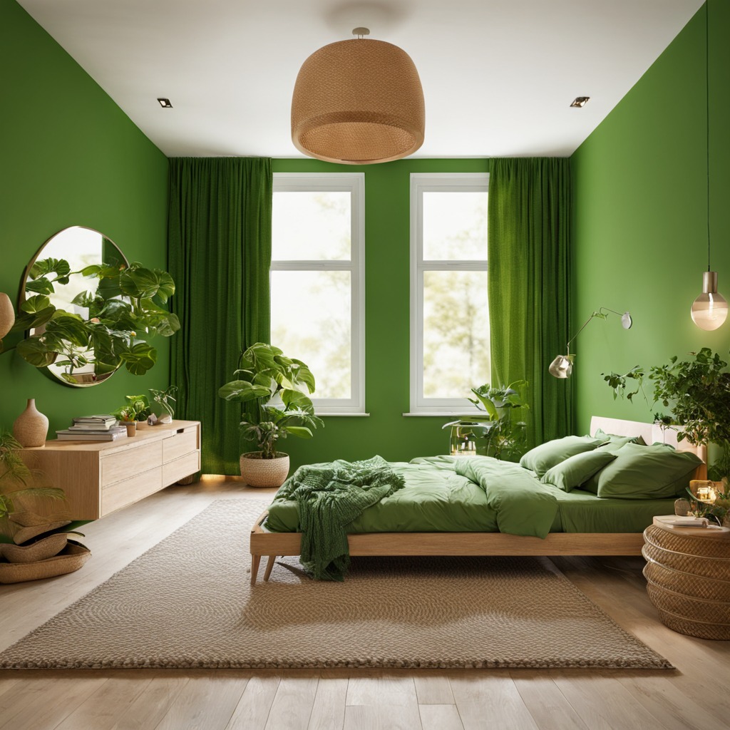 Green monochrome bedroom, abundant plants, natural textures