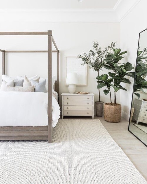 Minimalist bedroom, wooden canopy bed, plants