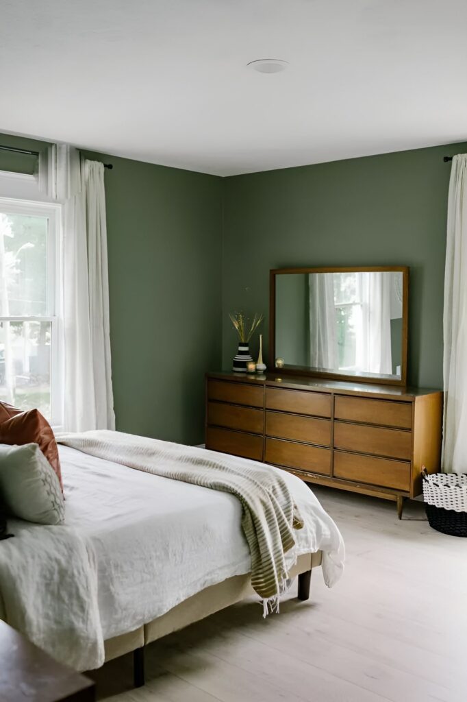 Sage green walls, mid-century dresser, bright bedding