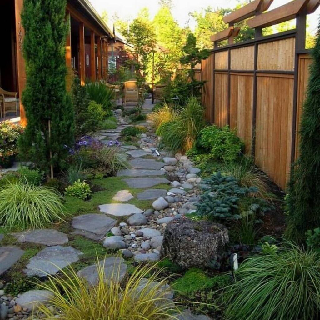 Stone path, dry creek, varied plants, narrow garden