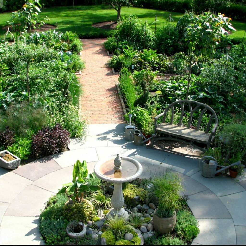 Garden path, vegetable beds, bench, birdbath