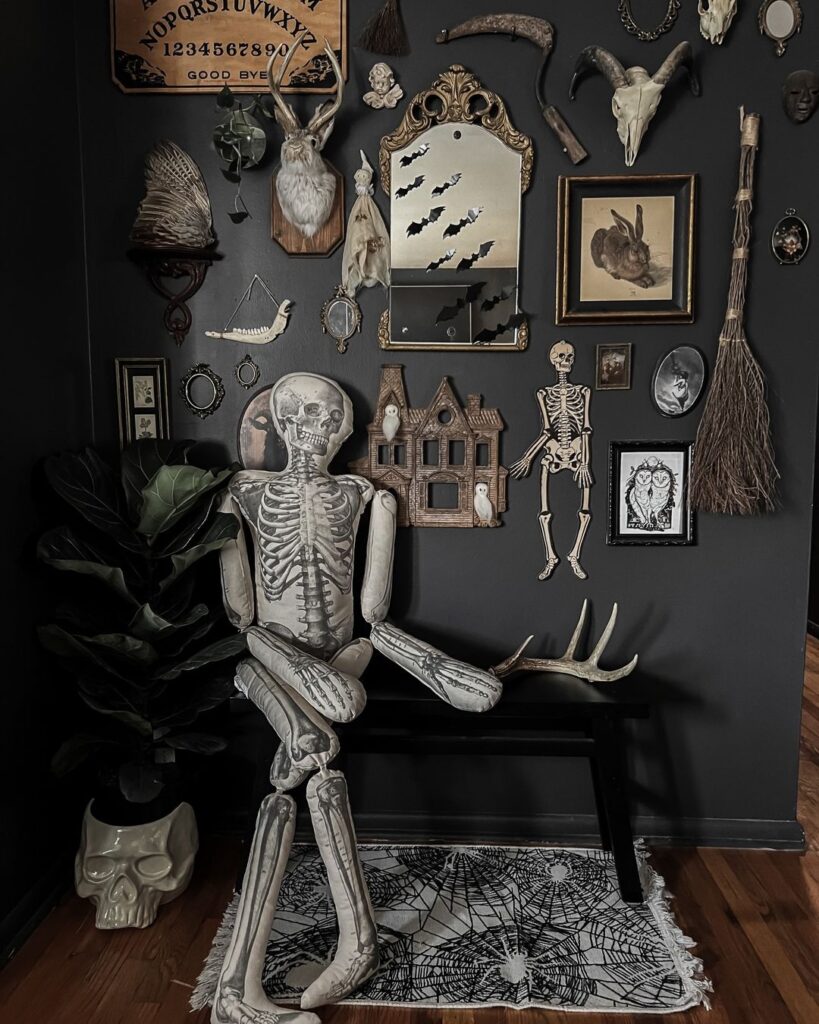 Gothic Halloween corner with skeleton display