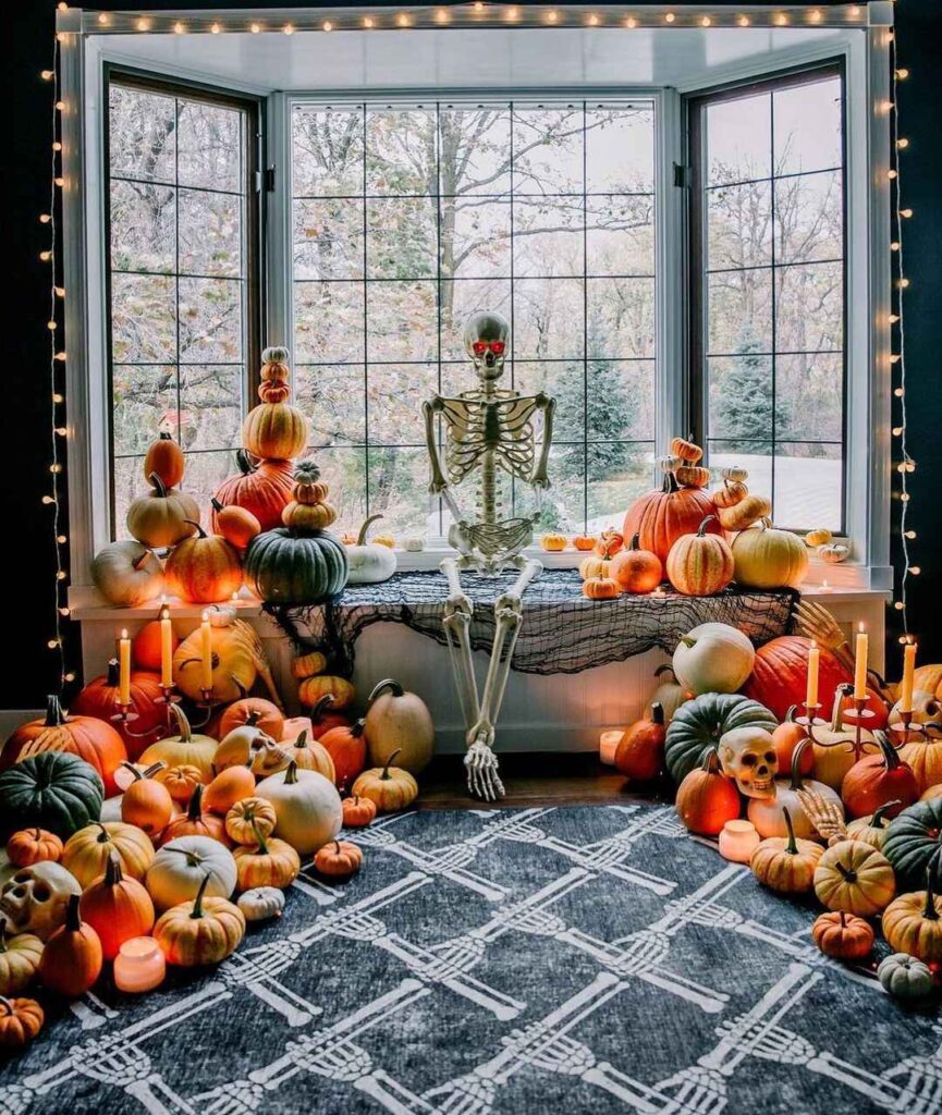 Halloween display with skeleton surrounded by colorful pumpkins in bay window