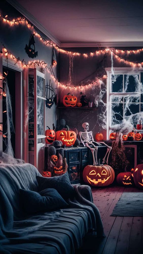 Cozy Halloween room glowing pumpkins skeleton