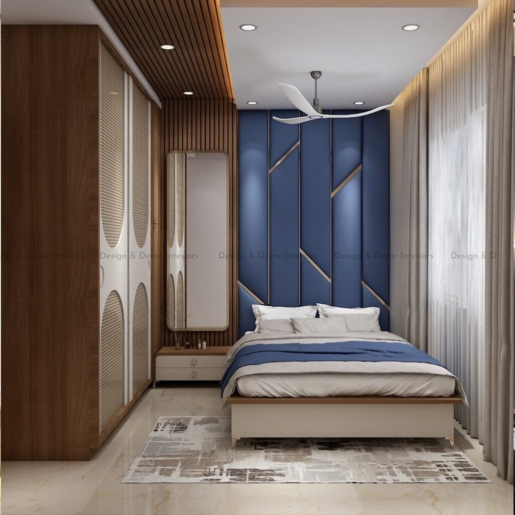 Navy paneled wall, wood accents, modern bedroom