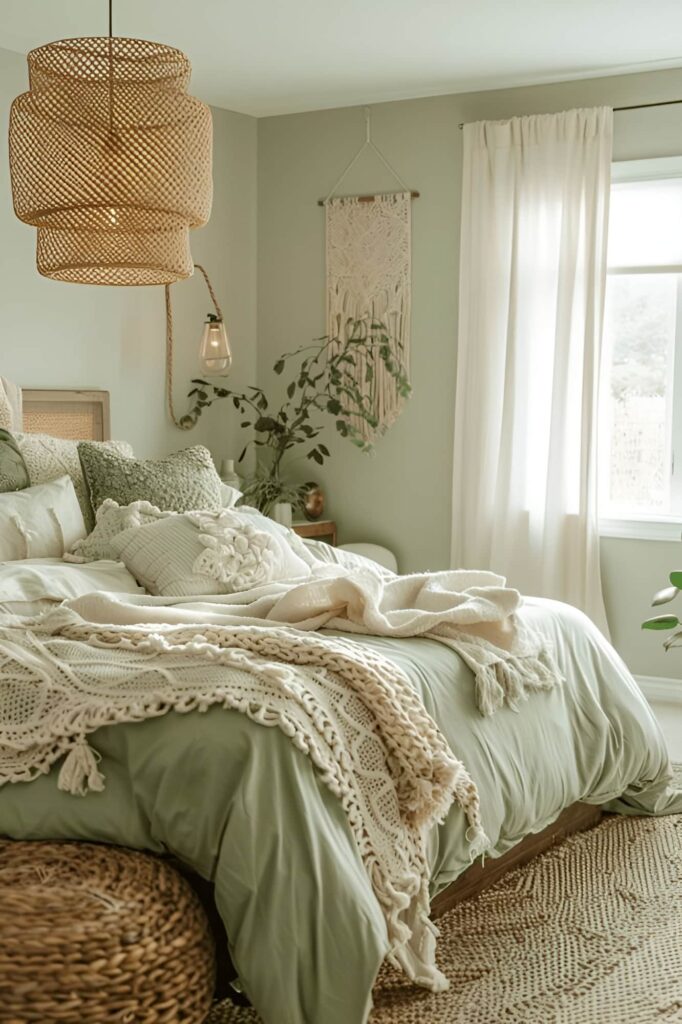 Sage green boho bedroom, textured layers, natural materials