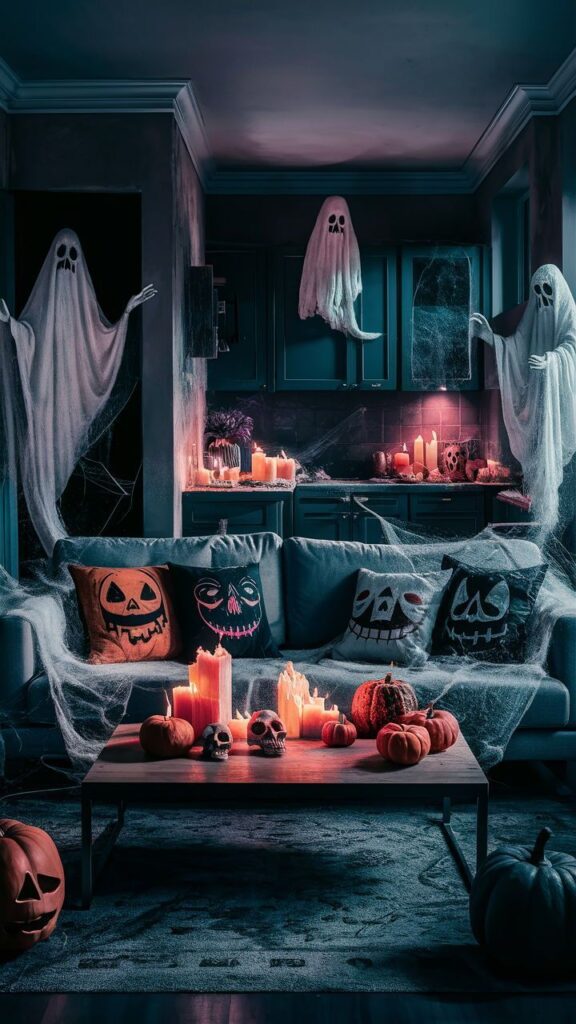 Ghostly Halloween living room with floating specters and candlelight