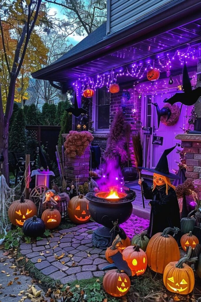 Purple-lit Halloween porch with pumpkins and cauldron