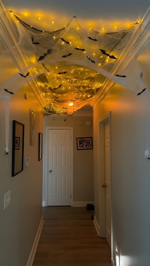 Hallway ceiling decorated with cobwebs and bats