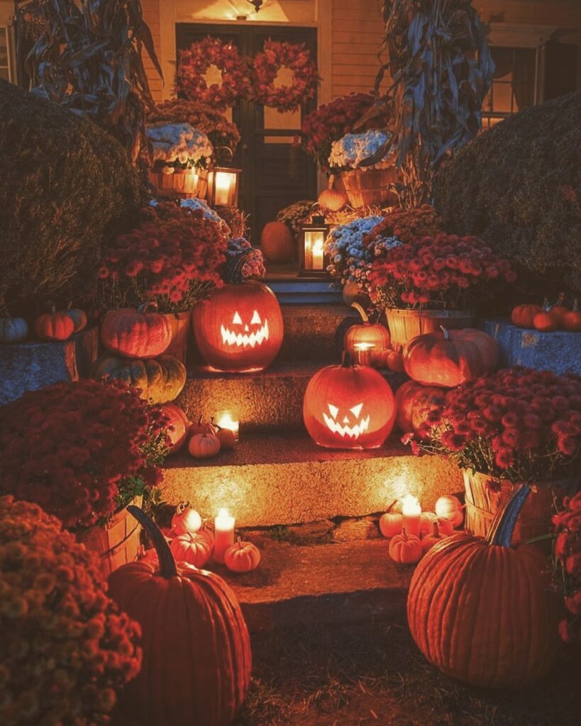 Jack-o'-lanterns, mums, candles, spooky porch