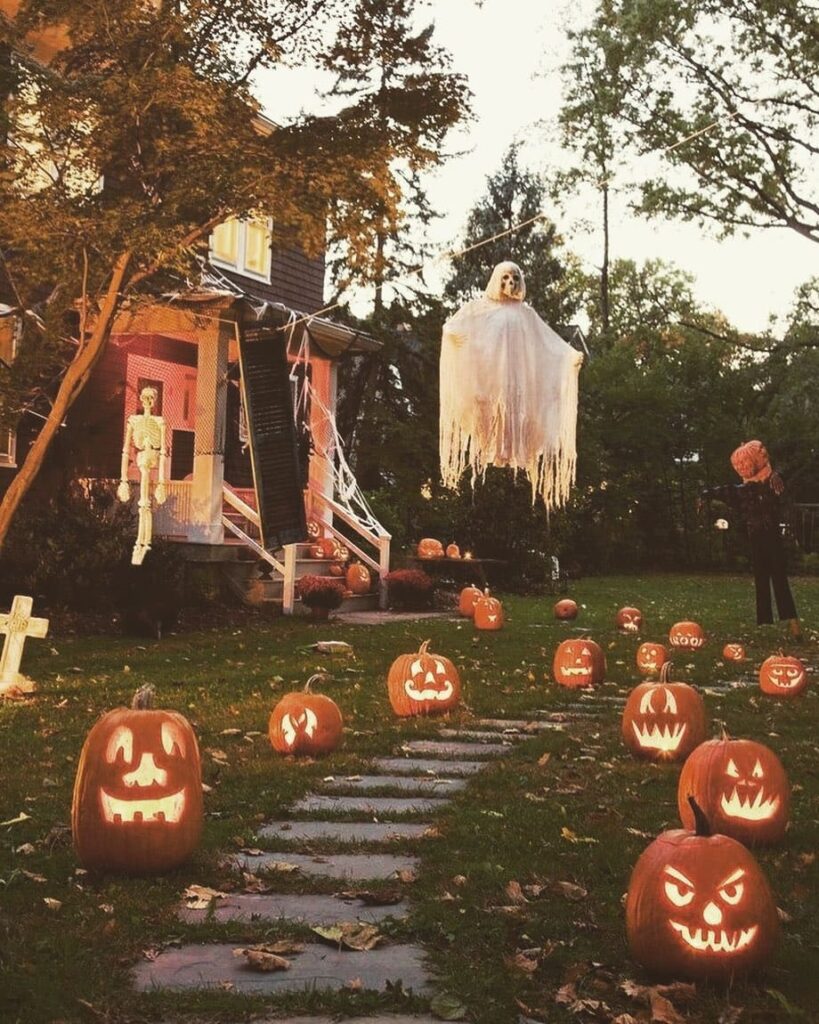 Jack-o'-lantern path, floating ghost, spooky yard