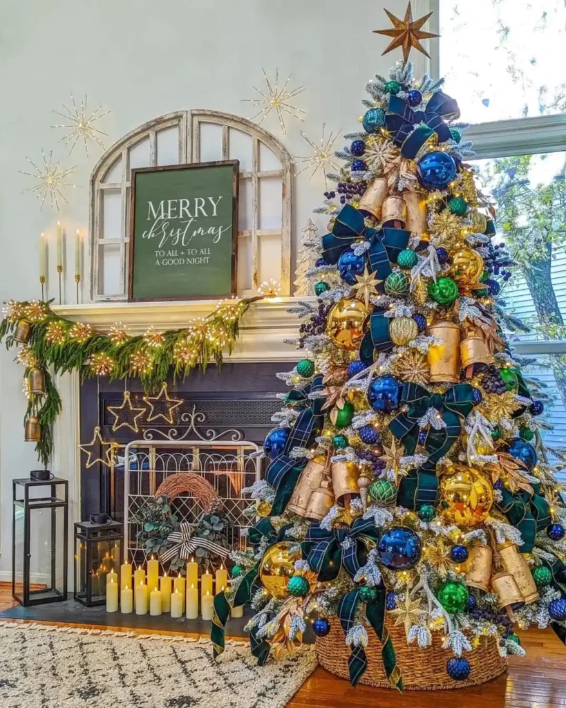 Blue-gold Christmas tree, decorated fireplace, starry decorations